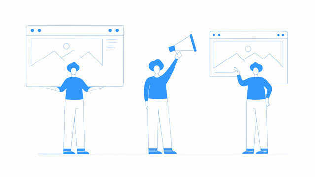 Illustration of people presenting data and amplifying messages through screens
