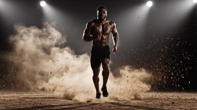 A muscular man sprints shirtless through a dusty arena, backlit, raising grit and steam. Sparks fly