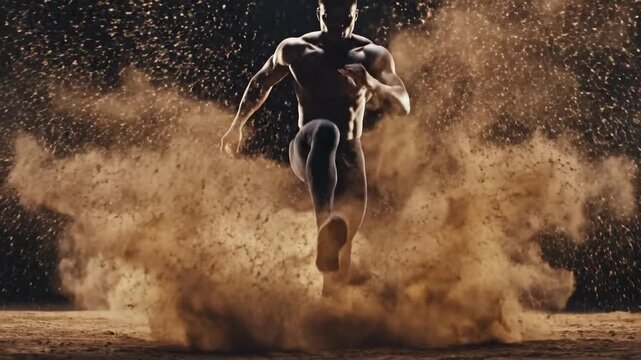 A muscular male athlete sprints across dusty ground under moody lighting, dust clouds trailing hard