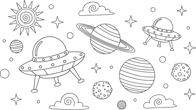 Hand drawn space UFO outline illustration with planets, stars, sun, and galaxies for kids coloring and sci-fi designs