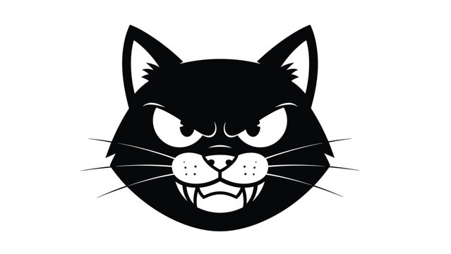 Angry black cat face with pointed ears and sharp fangs is illustrated in a bold black and white graphic style on a plain white background.