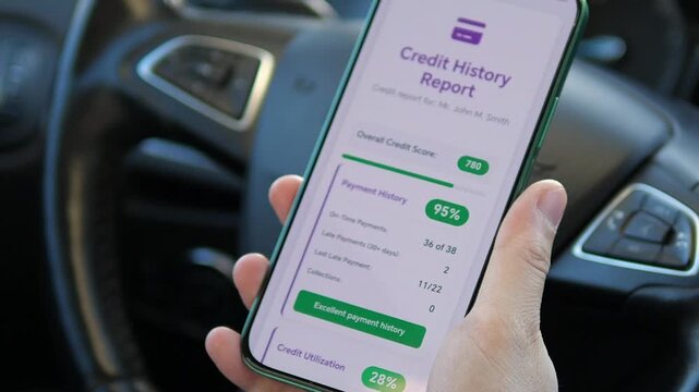 Close-up of a person checking credit score on a mobile app. UI shows a high 780 score and excellent payment history. Perfect for videos about fintech, loan approval, banking, and financial literacy