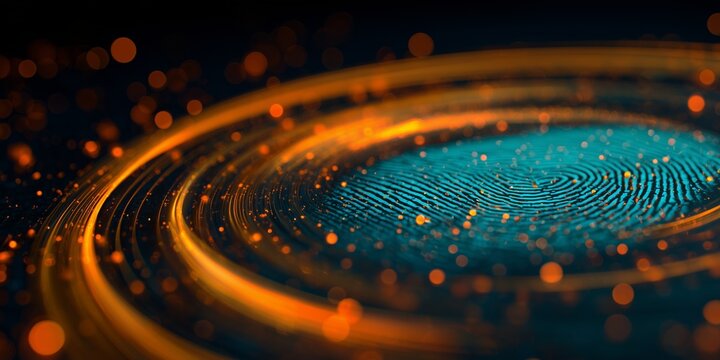 Swirling patterns of light and fingerprint design create visual effects with bright colors and circular shapes