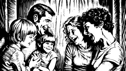 Very beautiful lifestyle portrait of a happy family moment at home, capturing parents and children sharing smiles and connection, expressing love, comfort, and the beauty of everyday family life.