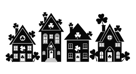 Fototapeta premium Stylized black silhouettes of four houses decorated with shamrocks