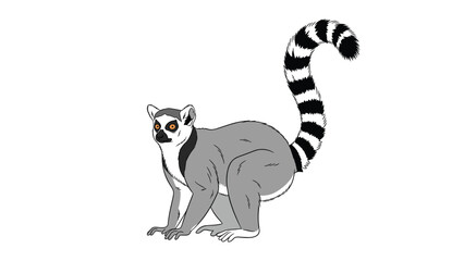 Fototapeta premium Detailed illustration of a ring-tailed lemur in a crouching pose showing its long iconic striped tail on a white background.