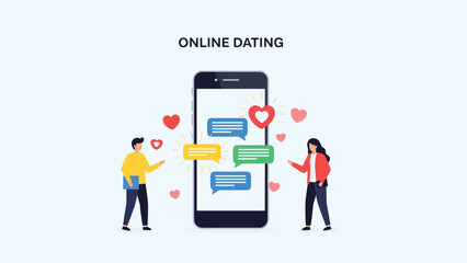 Online dating concept illustration showing a large smartphone screen with chat bubbles and two people connecting via hearts.