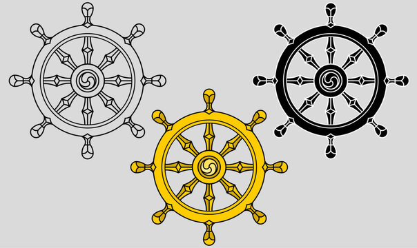 dharmachakra (dhammacakka)or wheel of dharma symbol. outline and silhouette, color styles for religion, meditation, education, and spiritual design. 