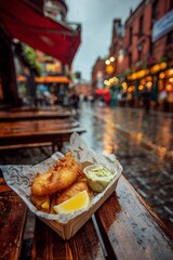 Fototapeta premium Fish and chips with lemon and peas, served on wooden table in Irish pub. Rainy street with red brick and vintage signage blurred behind the window.