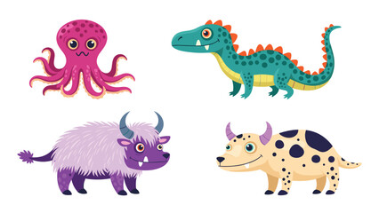Collection of four cute and colorful cartoon monsters including a pink octopus and a spotted horned creature.