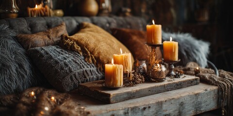 Boho-inspired scene with amber candles and knitted textures. Warm, soulful styling with rustic elements and cozy ambiance.