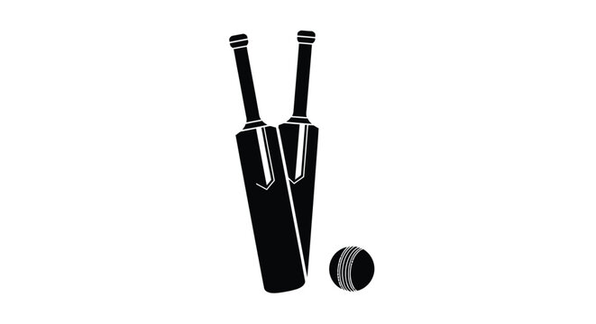 A black silhouette of cricket bats and a ball on white background