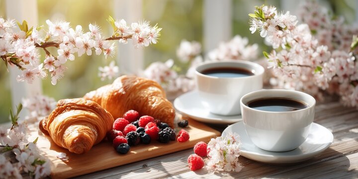 A small brunch table is set on a sunlit balcony with croissants, berries, and two steaming coffee cups. Blooming branches frame the background, glowing in the warm morning light.