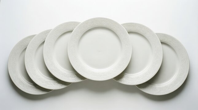 Set of six white porcelain dinner plates with subtle embossed pattern