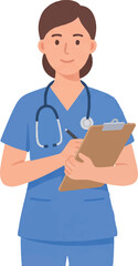 Fototapeta premium Female Nurse in Blue Scrubs with Stethoscope Holding Clipboard in Professional Studio Shot for Healthcare Advertising