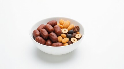 Assorted healthy snack mix featuring dates, nuts, and treats in a bowl