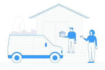 Delivery person handing a package to a woman at a house