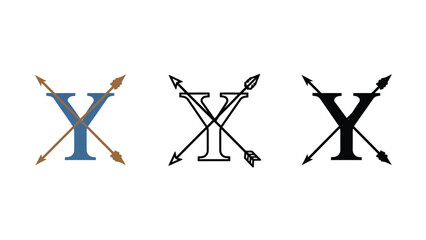Three logos featuring a stylized letter with crossed arrows on a white background