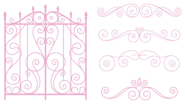 Ornate wrought iron fence with decorative swirl elements, elegant vintage metalwork design, classic scroll patterns for gates, railings, architectural details