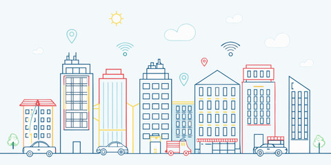Line art illustration of a modern cityscape with communication signals © Tarun