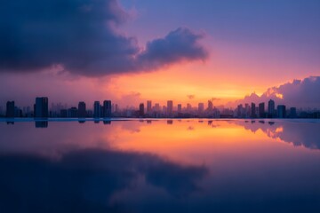cityscape reflection, urban rooftop scene with city skyline mirrored in puddle, warm sunset glow, glossy wet surface, and vast open sky