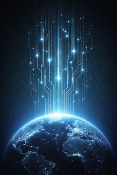 Global digital connectivity and futuristic technology concept with data streams rising from a glowing earth into the dark starry space for worldwide communication network