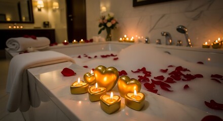 Romantic bubble bath with heart-shaped candles and rose petals for a luxurious spa experience.