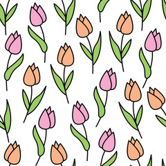 Small cute pink tulips on white background, simple seamless pattern.