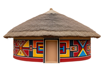 Traditional round hut with a thatched roof and vibrantly painted geometric patterns on its exterior wall transparent background