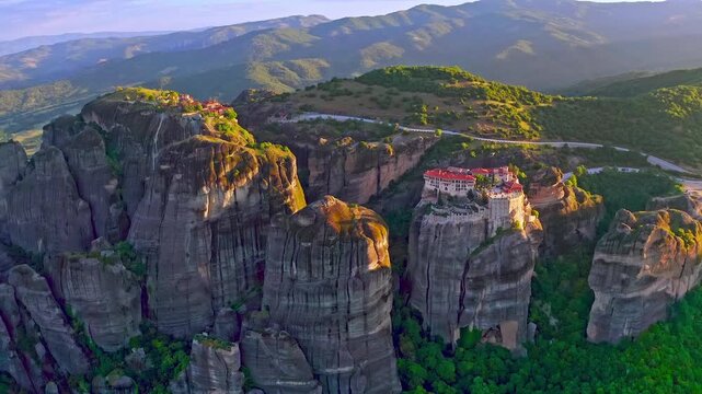 Mountain monastery of Meteora Greece drone view