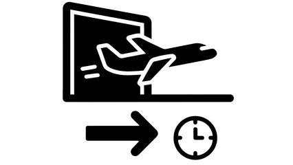 A black and white icon of a person stepping out of a laptop screen towards a clock