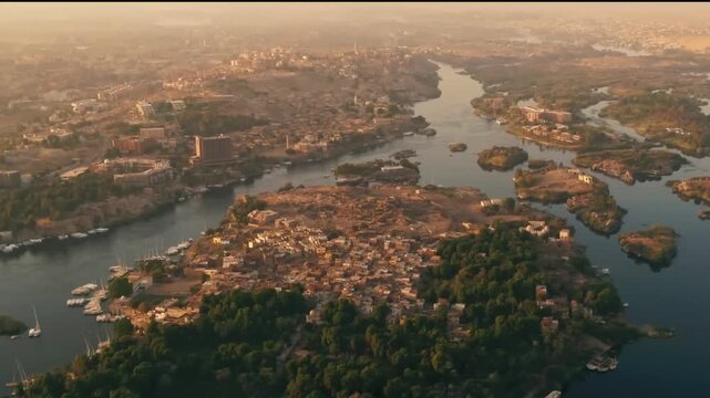 Breathtaking Aerial View of Elephantine Island and Nile River at Sunset in Aswan, Egypt
