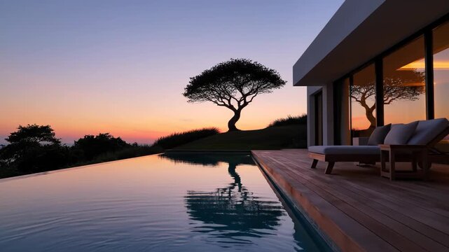 Modern house with infinity pool and wooden deck at sunset with tree