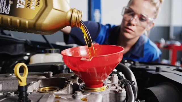 A mechanic slowly pours golden oil through a red funnel into a car engine in a very bright workshop