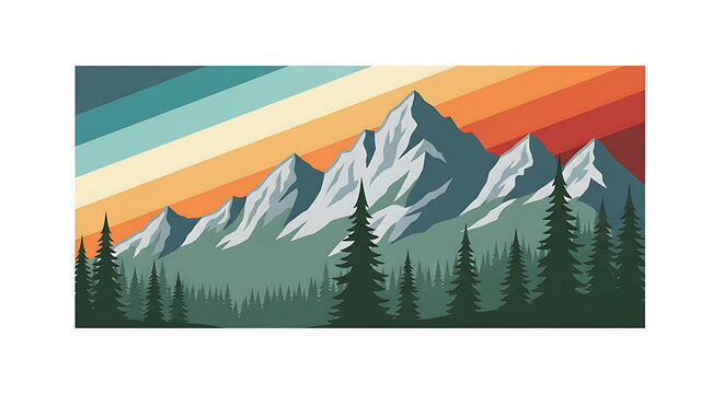 Mountain range with pine forest and striped sunset sky