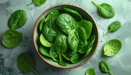 Obraz premium Fresh Spinach Delight In Bowl Against Artistic Gray Background Is Perfect For Healthy Eating
