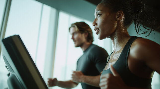Black personal trainer coaching a Japanese male client during incline treadmill cardio in a bright modern gym. Asian sportsman training for good health, cardio workout. Healthy lifestyle.