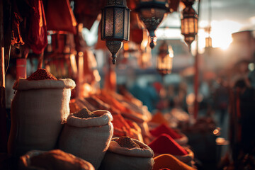 Naklejka premium Brightly Lit Spice Market with Traditional Baskets and Bags Ready for Sale
