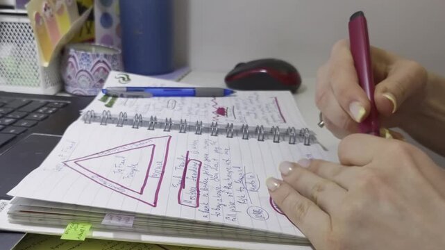 Young woman working at home on a laptop, highlighting important information with a marker in her notebook, which contains diagrams and visual notes. The scene represents online learning, studying, 