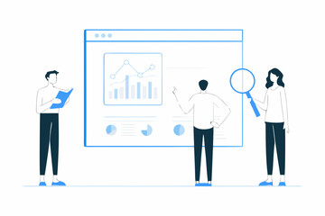 Team analyzing data displayed on a large screen with graphs and charts