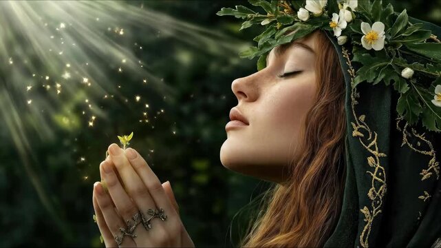 Ethereal maiden honors the spring equinox, receiving radiant golden light for nature's blossoming and precious new life amidst a tranquil, sacred verdant forest