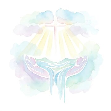 Watercolor baptism illustration with hands, water and divine light