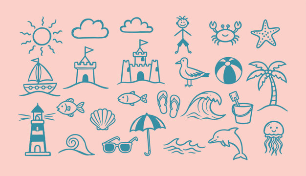 Cute hand drawn summer beach doodle icon set with sea, sandcastle, fish, palm tree and holiday elements for kids design