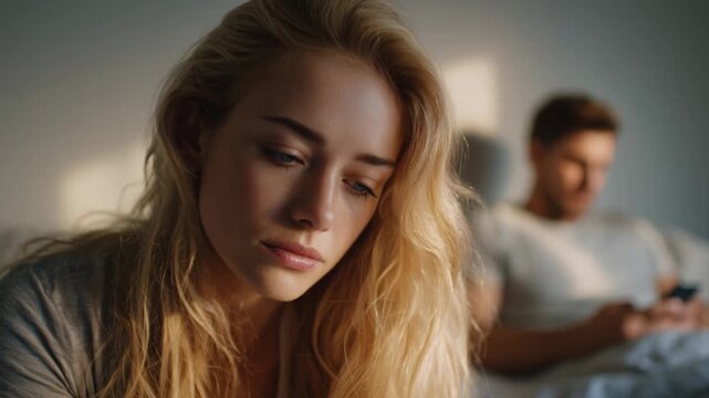 A woman looks down with a sad expression while sitting on a couch. A man sits nearby, focused on his phone. The lighting is low and creates a quiet atmosphere in the room.