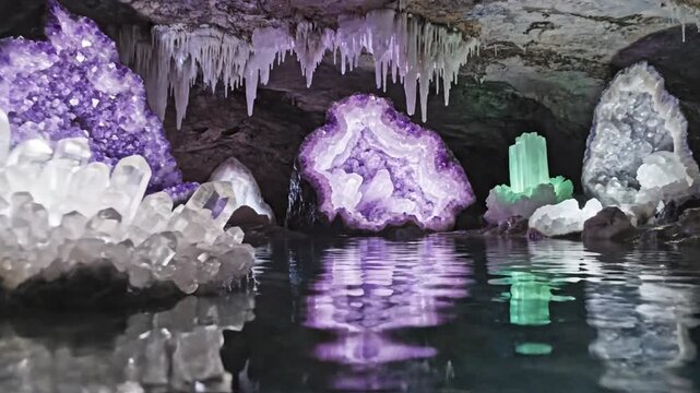 Cave scene with emerald water and purple crystals, stalactites and stalagmites glow softly dim light