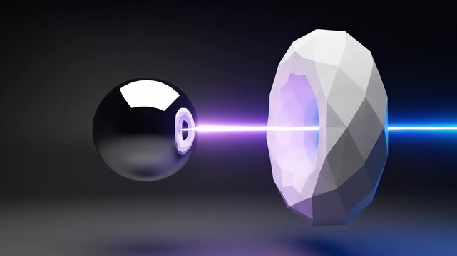 Abstract polygonal shape with a black sphere and laser beam  