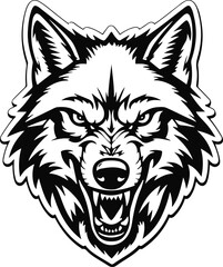 Fototapeta premium Black and white vector illustration of a wolf head sticker logo, sharp aggressive line art, solid black outline, flat design, isolated on white background, stock vector