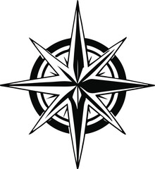 Obraz premium Black and white vector illustration of a compass rose sticker logo, clean symmetrical line art, solid black outline, flat design, isolated on white background, stock vector 2