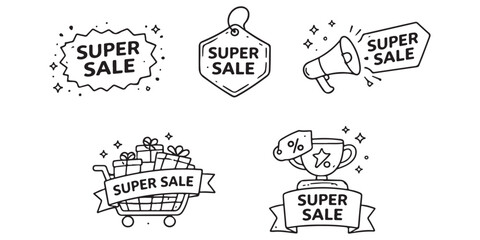Obraz premium Set of hand-drawn icons representing SUPER SALE promotions and discounts