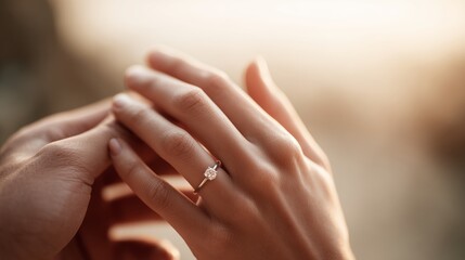 Fototapeta premium Photorealistic close-up of two hands gently touching, with engagement ring softly sparkling in sunlight. Ideal for love, jewelry, and wedding visuals.